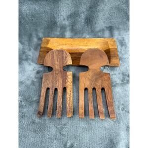 Signed Monkey Pod Wood Salad Hands Serving Set Tray 3pc Folk Art Carved 1960s